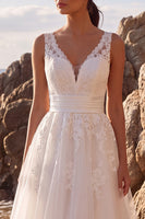 Load image into Gallery viewer, White A-Line Floral V-Neck Tulle Midi Beach Wedding Dress