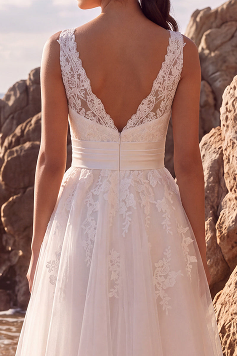 Load image into Gallery viewer, White A-Line Floral V-Neck Tulle Midi Beach Wedding Dress