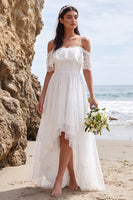 Load image into Gallery viewer, White A Line Lace Floral Cold Shoulder High-Low Wedding Dress