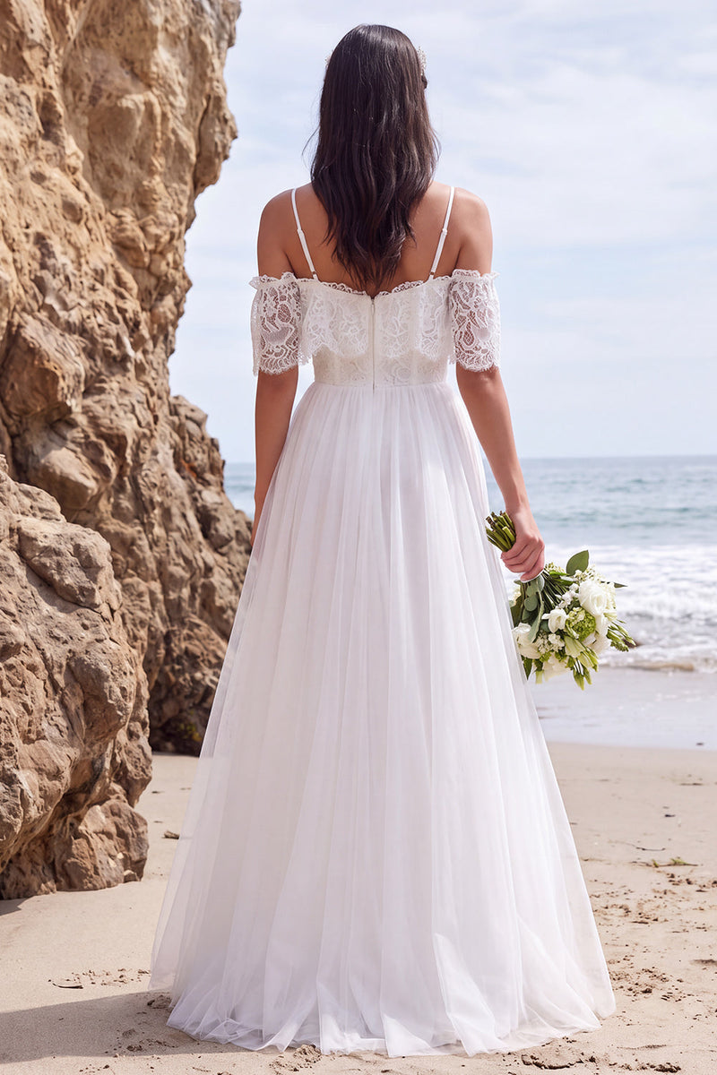 Load image into Gallery viewer, White A Line Lace Floral Cold Shoulder High-Low Wedding Dress