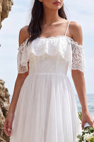 Load image into Gallery viewer, White A Line Lace Floral Cold Shoulder High-Low Wedding Dress