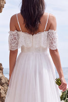 Load image into Gallery viewer, White A Line Lace Floral Cold Shoulder High-Low Wedding Dress