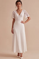 Load image into Gallery viewer, White Lace A Line V-Neck Floral Maxi Beach Wedding Dress with Sleeves