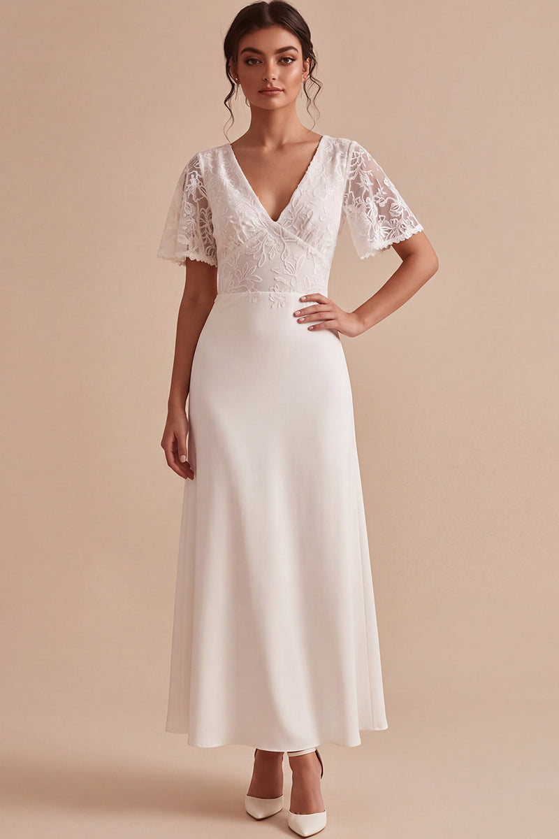 Load image into Gallery viewer, White Lace A Line V-Neck Floral Maxi Beach Wedding Dress with Sleeves