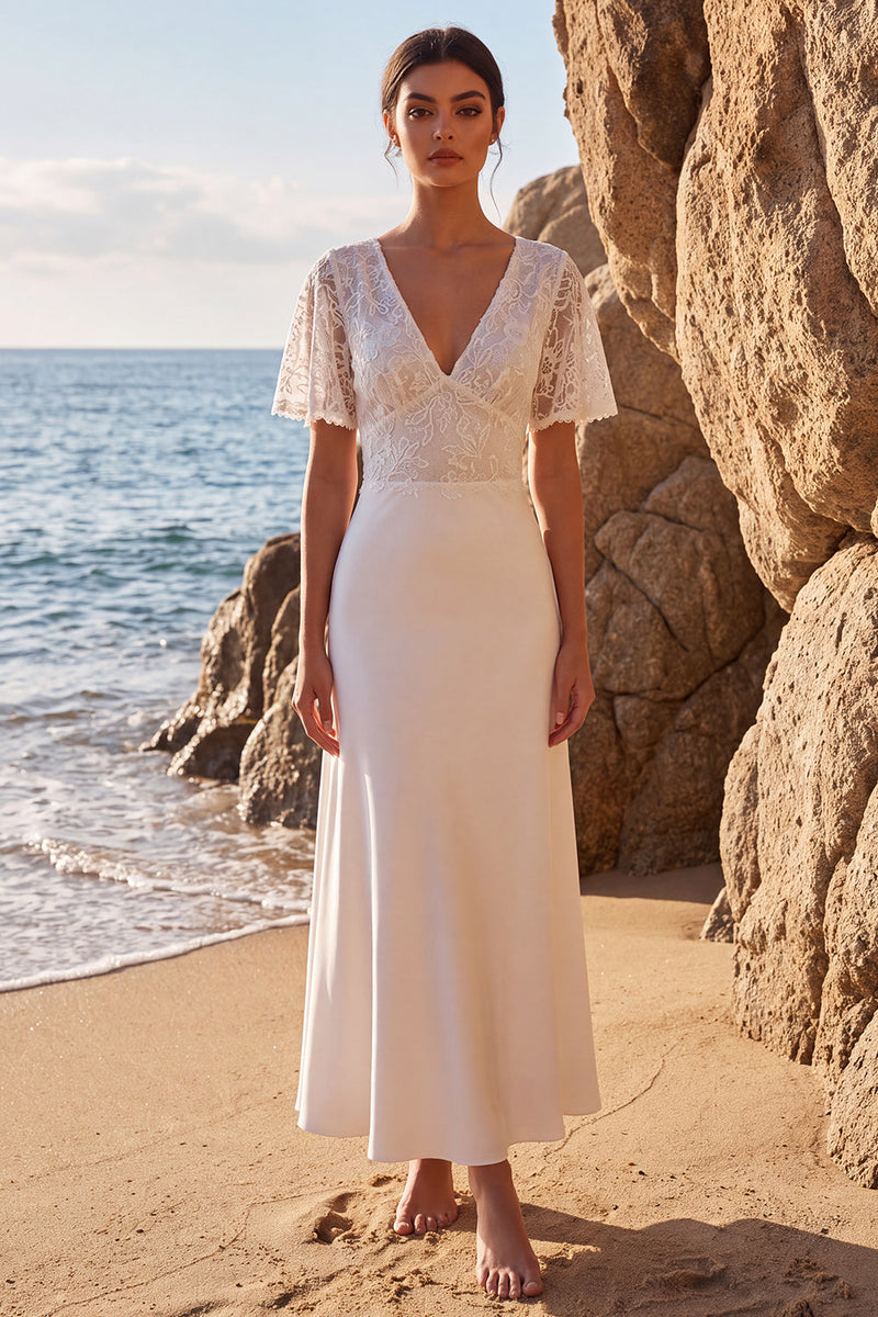 Load image into Gallery viewer, White Lace A Line V-Neck Floral Maxi Beach Wedding Dress with Sleeves