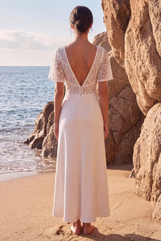 White Lace A Line V-Neck Floral Maxi Beach Wedding Dress with Sleeves