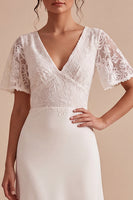Load image into Gallery viewer, White Lace A Line V-Neck Floral Maxi Beach Wedding Dress with Sleeves
