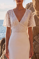 Load image into Gallery viewer, White Lace A Line V-Neck Floral Maxi Beach Wedding Dress with Sleeves