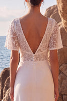 Load image into Gallery viewer, White Lace A Line V-Neck Floral Maxi Beach Wedding Dress with Sleeves