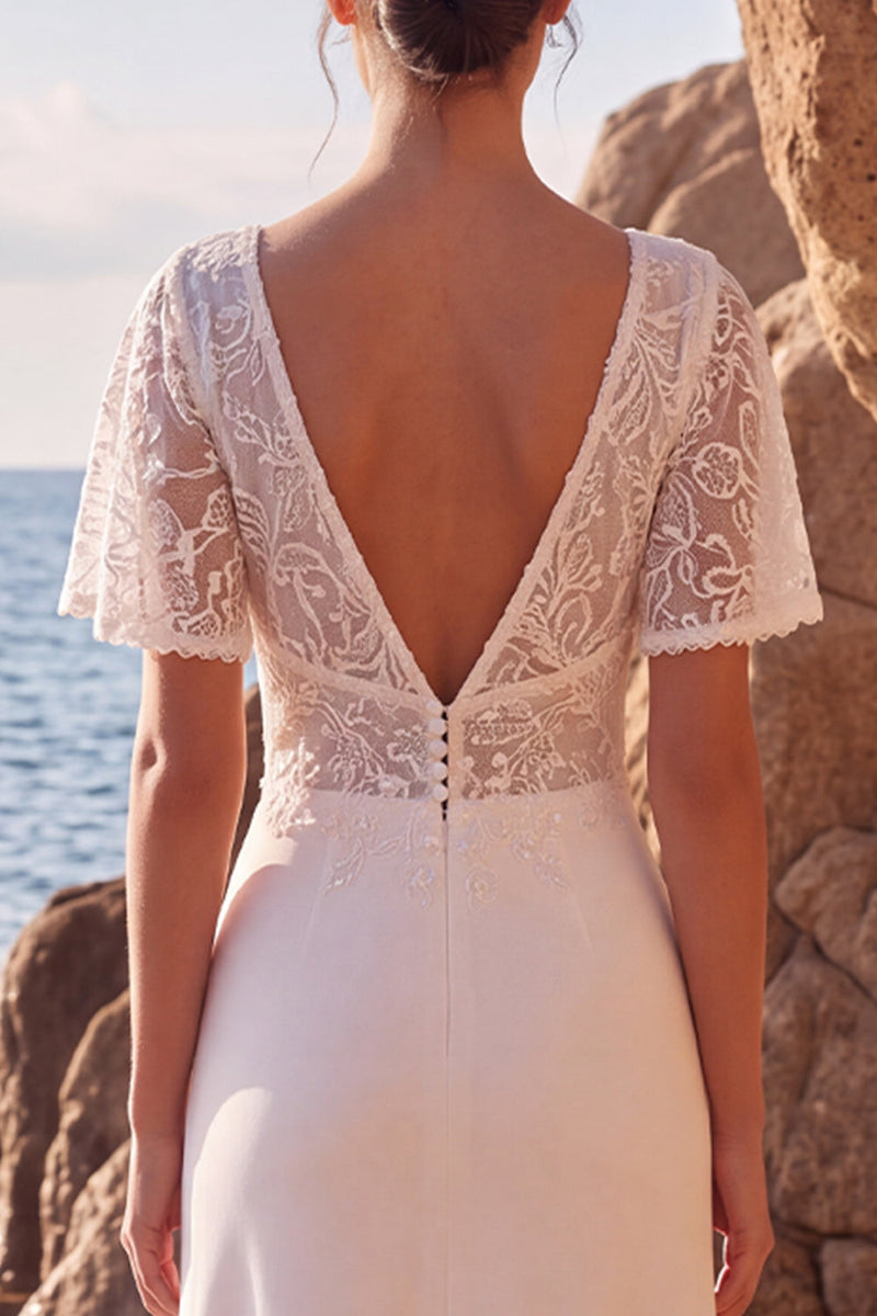Load image into Gallery viewer, White Lace A Line V-Neck Floral Maxi Beach Wedding Dress with Sleeves