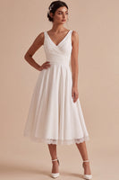 Load image into Gallery viewer, A-Line White Floral V-Neck Ruched Midi Beach Wedding Dress with Lace