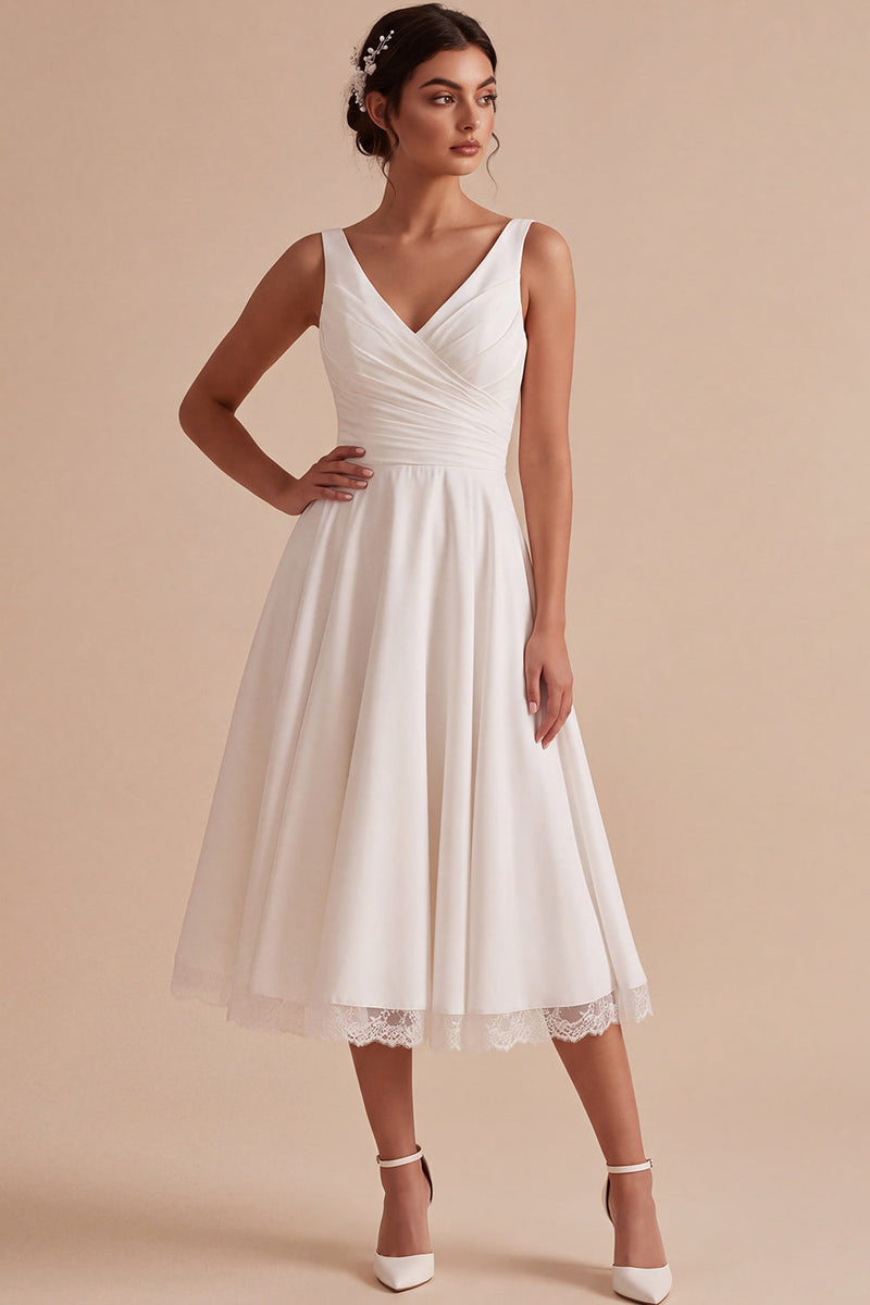 Load image into Gallery viewer, A-Line White Floral V-Neck Ruched Midi Beach Wedding Dress with Lace