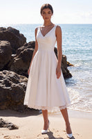 Load image into Gallery viewer, A-Line White Floral V-Neck Ruched Midi Beach Wedding Dress with Lace