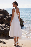Load image into Gallery viewer, A-Line White Floral V-Neck Ruched Midi Beach Wedding Dress with Lace