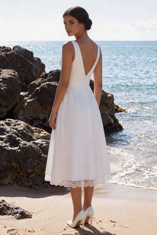 A-Line White Floral V-Neck Ruched Midi Beach Wedding Dress with Lace