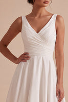 Load image into Gallery viewer, A-Line White Floral V-Neck Ruched Midi Beach Wedding Dress with Lace