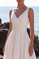 Load image into Gallery viewer, A-Line White Floral V-Neck Ruched Midi Beach Wedding Dress with Lace