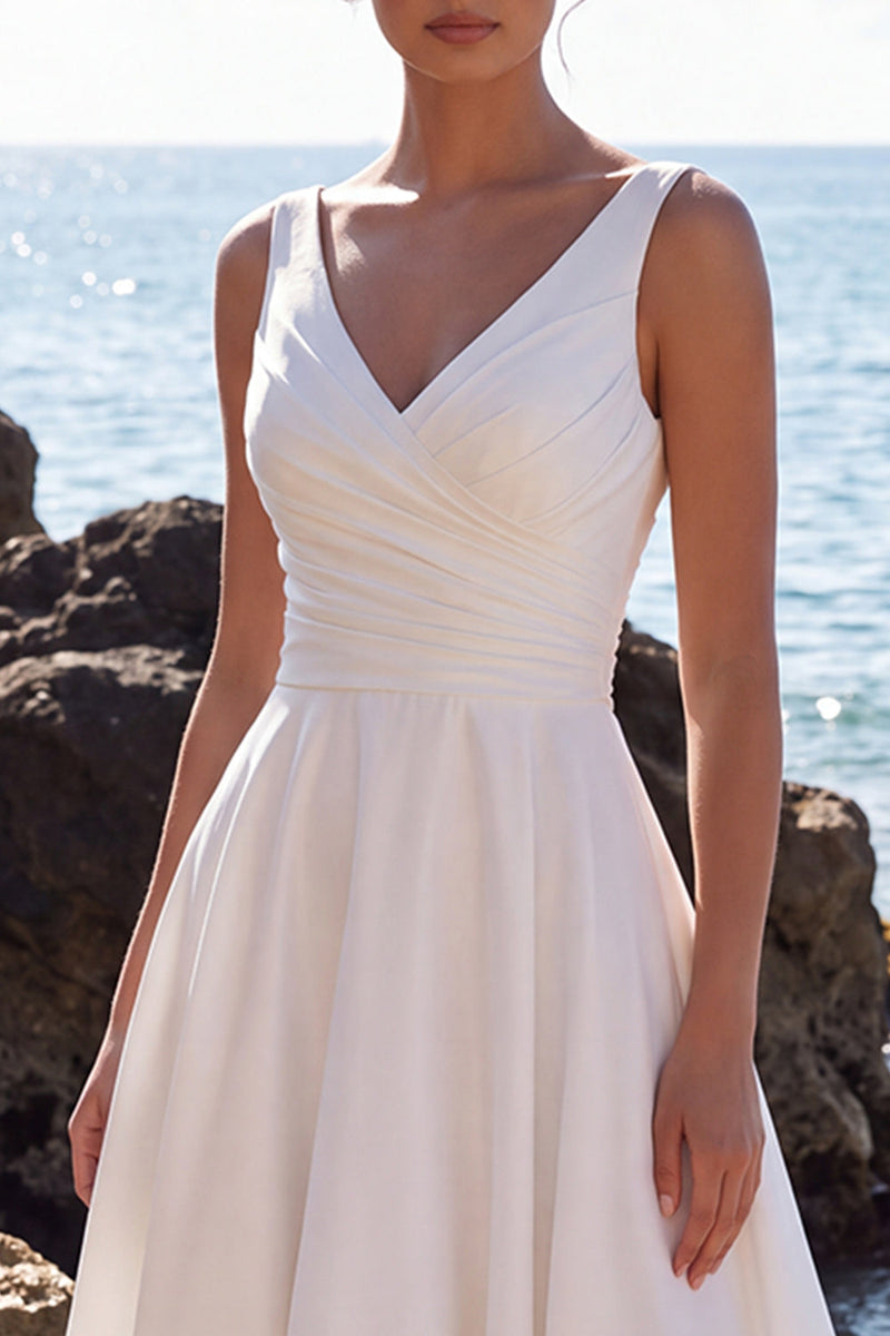 Load image into Gallery viewer, A-Line White Floral V-Neck Ruched Midi Beach Wedding Dress with Lace