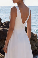 Load image into Gallery viewer, A-Line White Floral V-Neck Ruched Midi Beach Wedding Dress with Lace