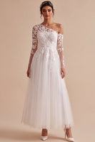 Load image into Gallery viewer, White One Shoulder Tulle Floral Maxi Beach Wedding Dress with Sleeves