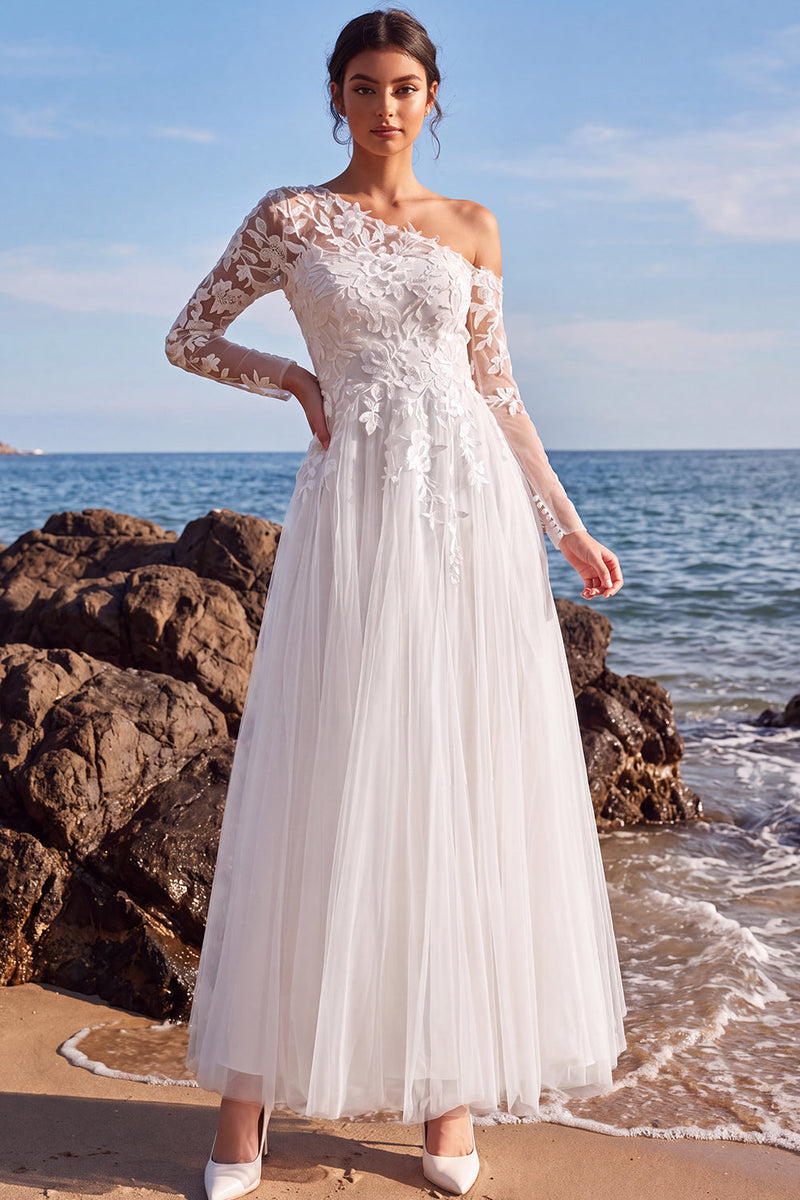Load image into Gallery viewer, White One Shoulder Tulle Floral Maxi Beach Wedding Dress with Sleeves