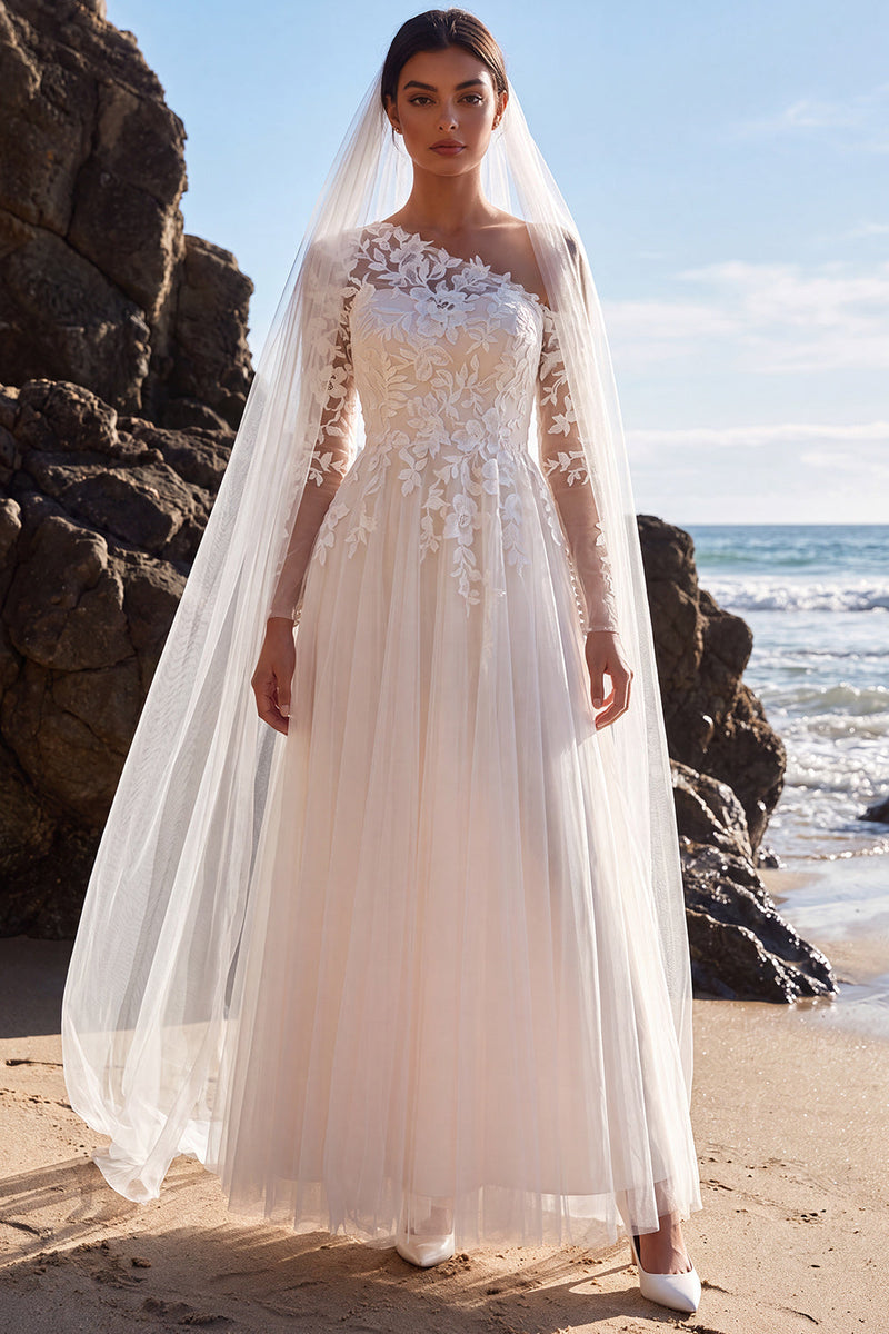 Load image into Gallery viewer, White One Shoulder Tulle Floral Maxi Beach Wedding Dress with Sleeves