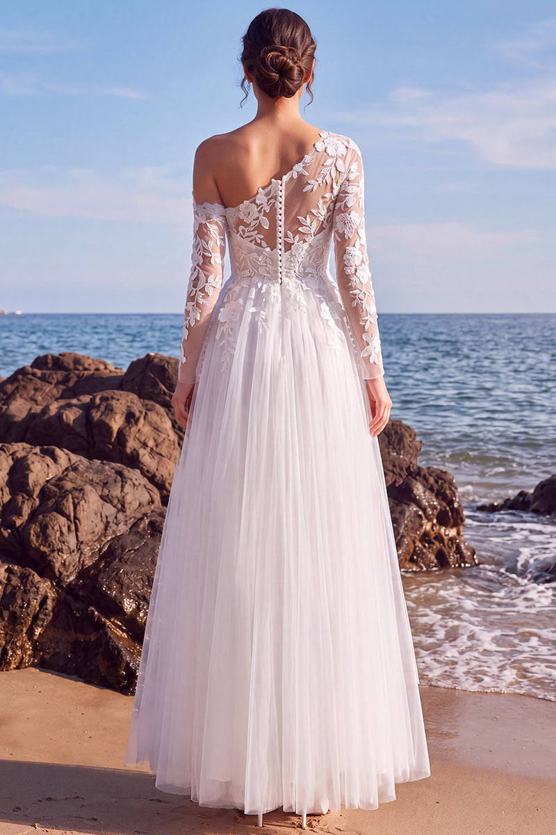 Load image into Gallery viewer, White One Shoulder Tulle Floral Maxi Beach Wedding Dress with Sleeves