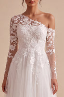 Load image into Gallery viewer, White One Shoulder Tulle Floral Maxi Beach Wedding Dress with Sleeves