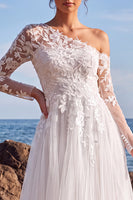 Load image into Gallery viewer, White One Shoulder Tulle Floral Maxi Beach Wedding Dress with Sleeves