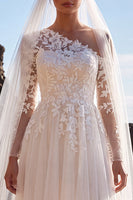 Load image into Gallery viewer, White One Shoulder Tulle Floral Maxi Beach Wedding Dress with Sleeves