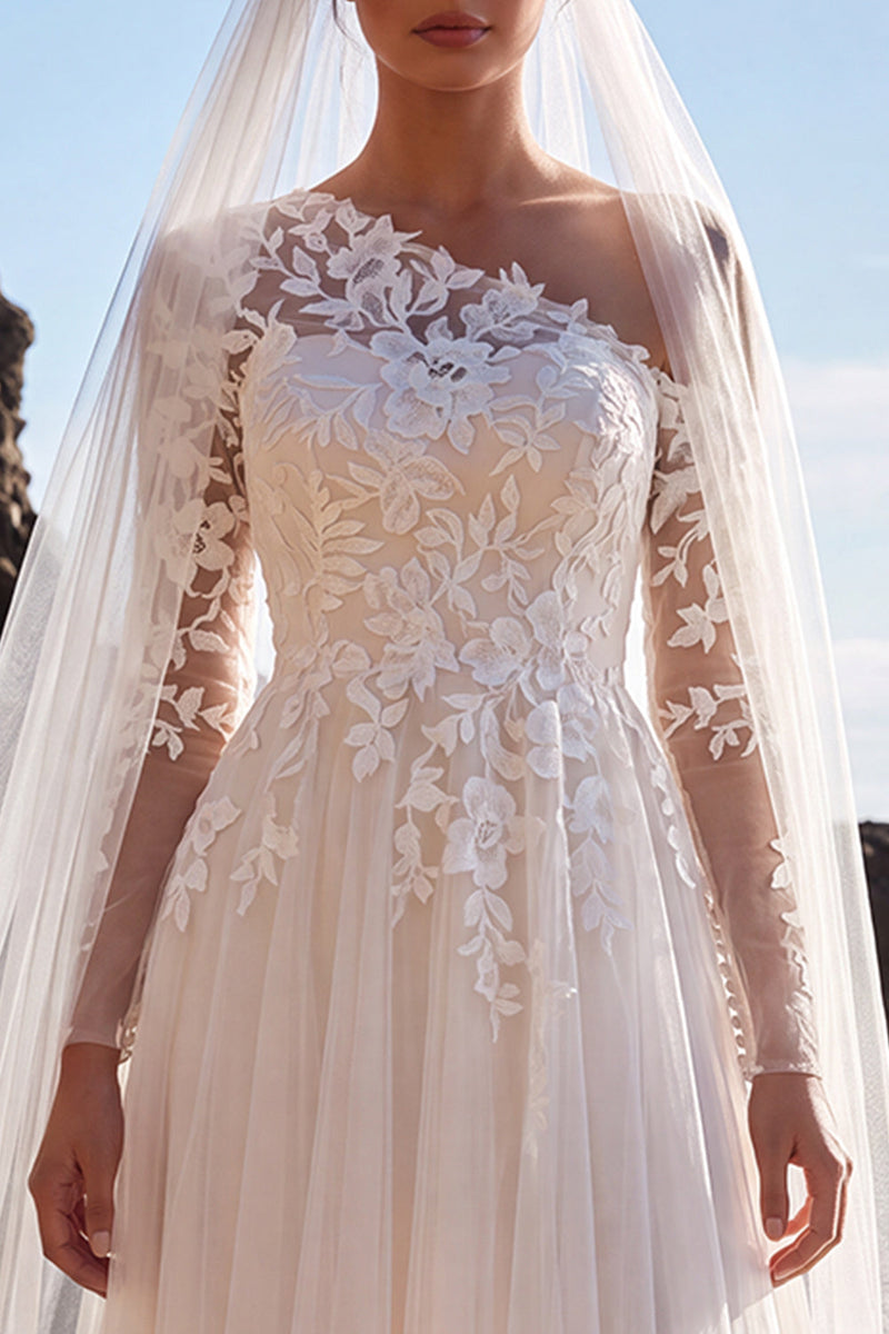 Load image into Gallery viewer, White One Shoulder Tulle Floral Maxi Beach Wedding Dress with Sleeves