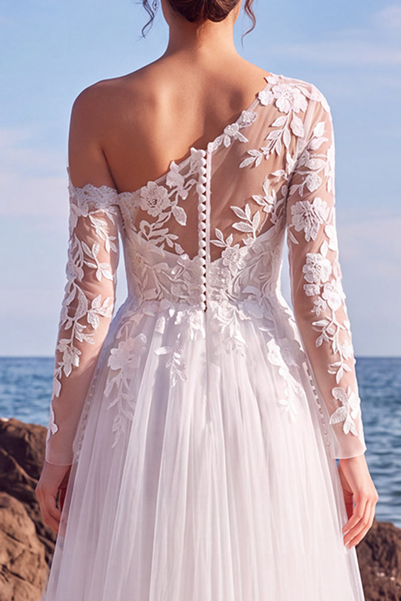 Load image into Gallery viewer, White One Shoulder Tulle Floral Maxi Beach Wedding Dress with Sleeves
