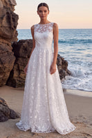Load image into Gallery viewer, White A-Line Boat Neck Lace Sweep Train Wedding Dress