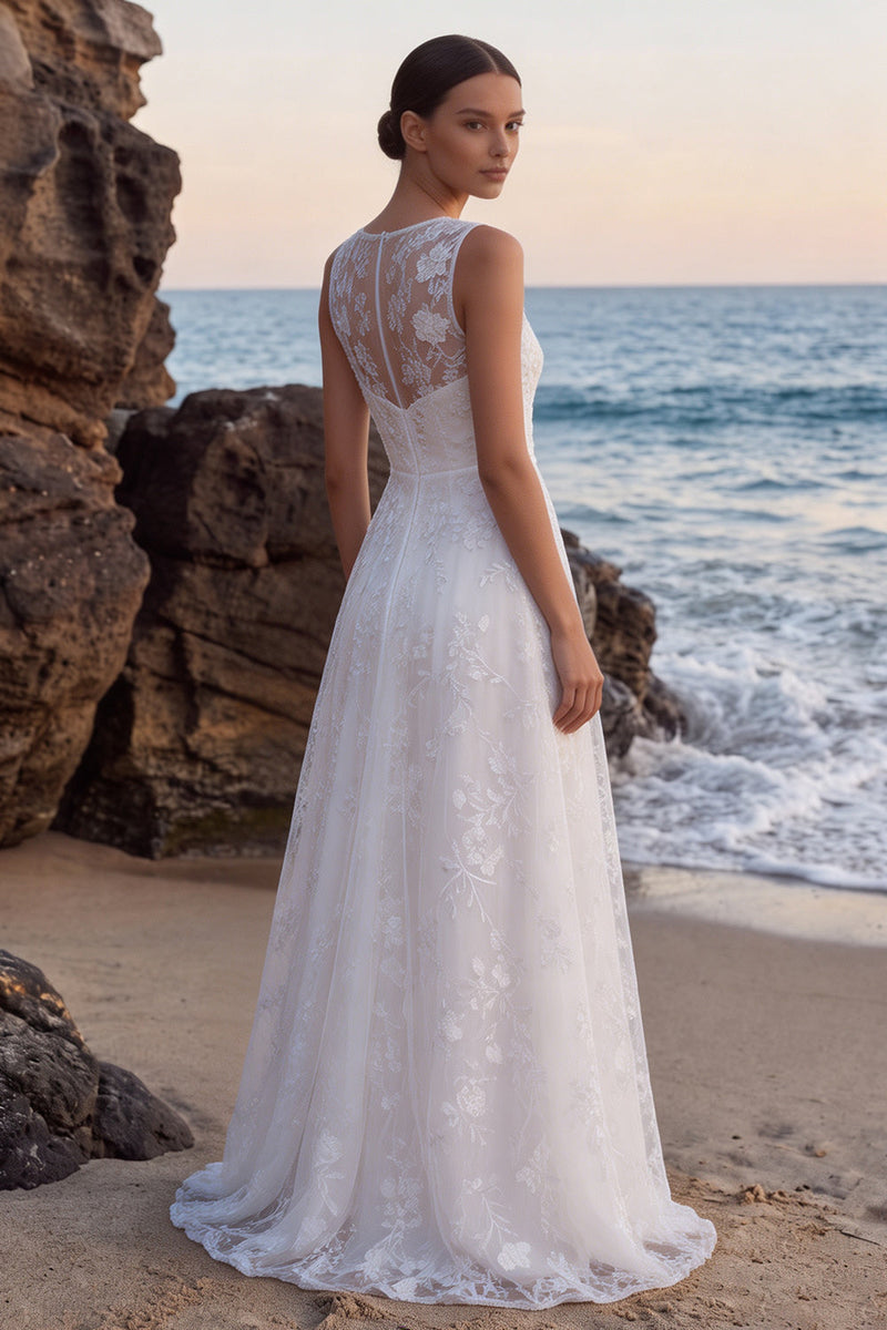 Load image into Gallery viewer, White A-Line Boat Neck Lace Sweep Train Wedding Dress
