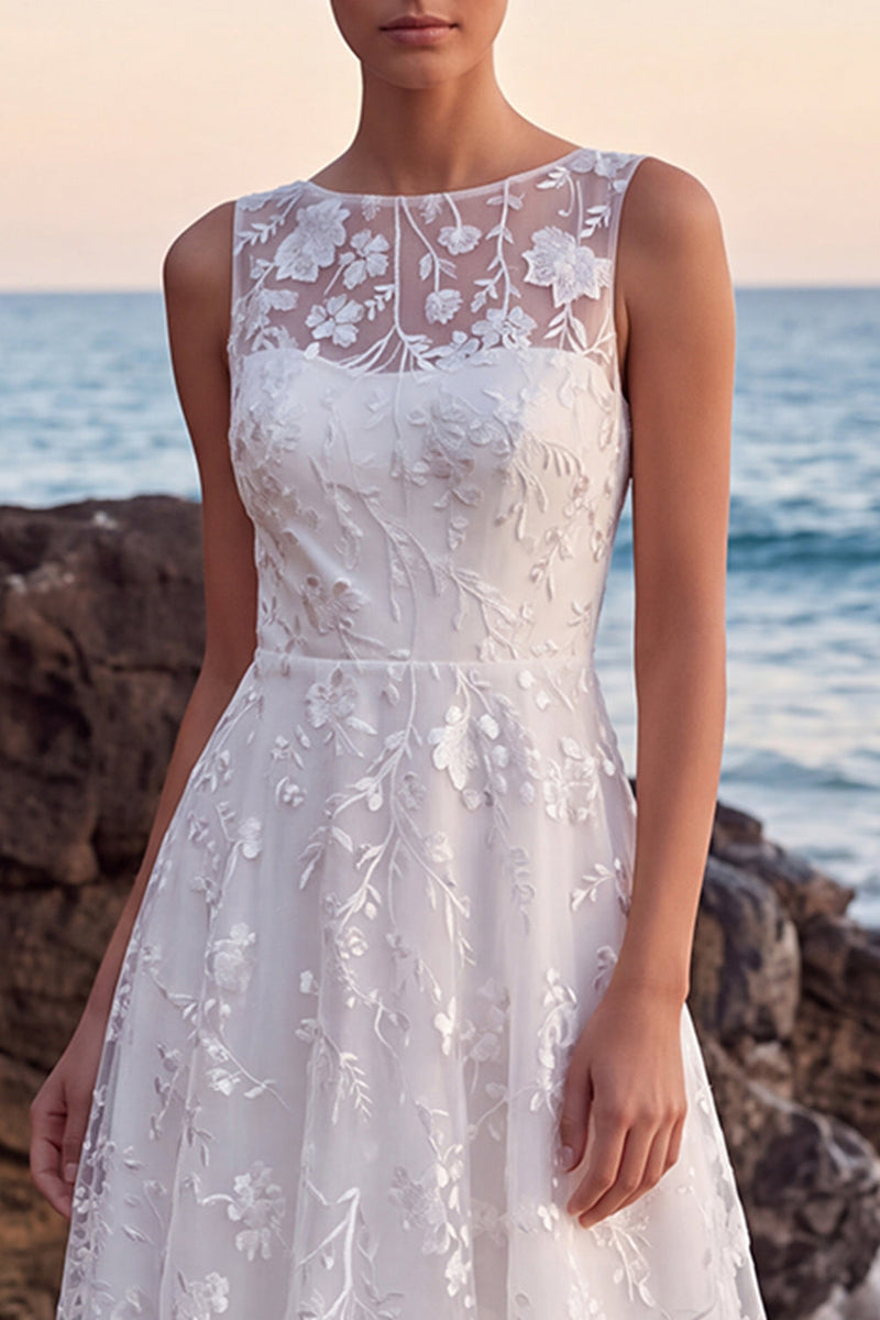 Load image into Gallery viewer, White A-Line Boat Neck Lace Sweep Train Wedding Dress