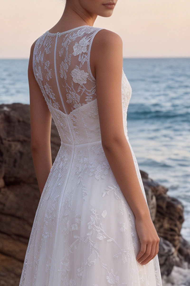 Load image into Gallery viewer, White A-Line Boat Neck Lace Sweep Train Wedding Dress