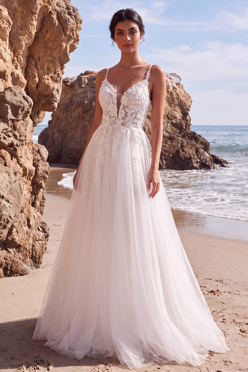 Load image into Gallery viewer, White A-Line Tulle Spaghetti Straps Floral Sweep Train Wedding Dress
