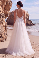 Load image into Gallery viewer, White A-Line Tulle Spaghetti Straps Floral Sweep Train Wedding Dress