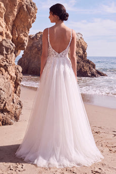 White A-Line Tulle Spaghetti Straps Floral Sweep Train Wedding Dress