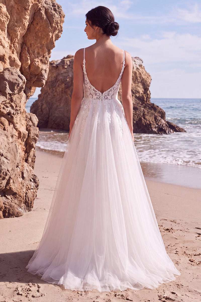 Load image into Gallery viewer, White A-Line Tulle Spaghetti Straps Floral Sweep Train Wedding Dress