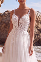 Load image into Gallery viewer, White A-Line Tulle Spaghetti Straps Floral Sweep Train Wedding Dress