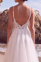 Load image into Gallery viewer, White A-Line Tulle Spaghetti Straps Floral Sweep Train Wedding Dress