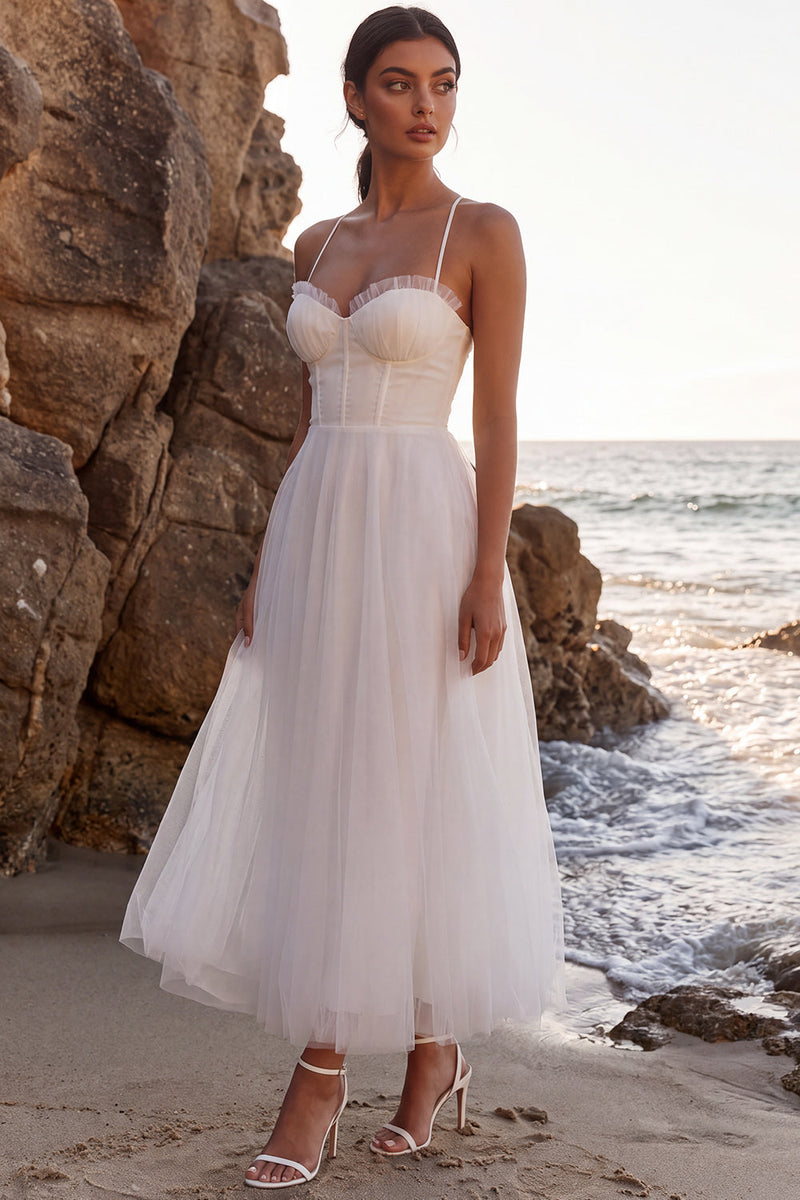 Load image into Gallery viewer, White Corset A-Line Spaghetti Straps Maxi Beach Wedding Dress