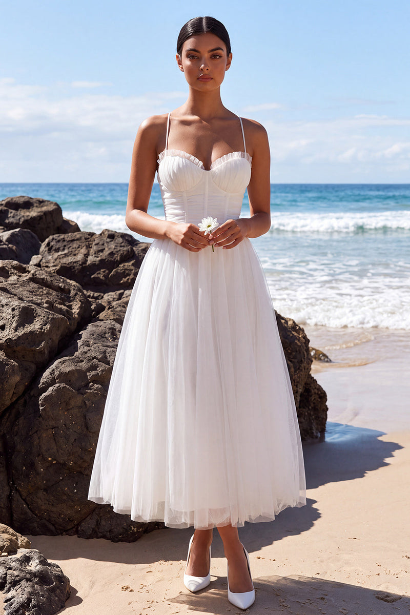 Load image into Gallery viewer, White Corset A-Line Spaghetti Straps Maxi Beach Wedding Dress