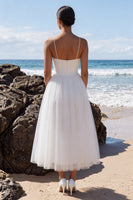 Load image into Gallery viewer, White Corset A-Line Spaghetti Straps Maxi Beach Wedding Dress