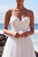 Load image into Gallery viewer, White Corset A-Line Spaghetti Straps Maxi Beach Wedding Dress