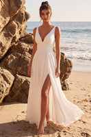 Load image into Gallery viewer, White V-Neck A Line Chiffon Long Beach Wedding Dress with Slit