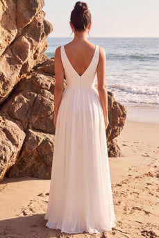 White V-Neck A Line Chiffon Long Beach Wedding Dress with Slit