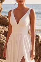 Load image into Gallery viewer, White V-Neck A Line Chiffon Long Beach Wedding Dress with Slit