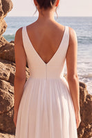 Load image into Gallery viewer, White V-Neck A Line Chiffon Long Beach Wedding Dress with Slit